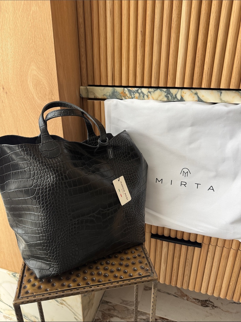 Black Croc-Embossed Tote Bag